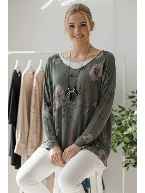 Chiccy İtalyan Haki Havuz Yaka Uzun Kol Desenli İnce İkili Set İçi Kolsuz Penye Triko Bluz 70 60 - S000486557-18547