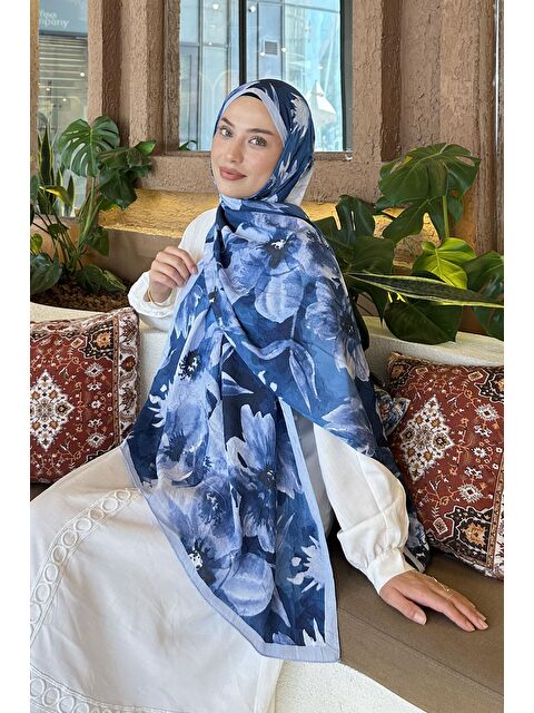 Lamelif Çiçek Desen Bambu Şal Bebe Mavisi - S000529575-3642