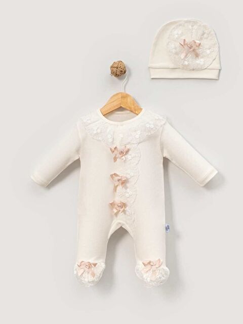 Jijek Kız Bebek Pudra Dantel Detaylı Tulum – Pamuklu Uzun Kollu Fiyonklu Yenidoğan Hastane Çıkışı 2’li Set - S000531247-5404