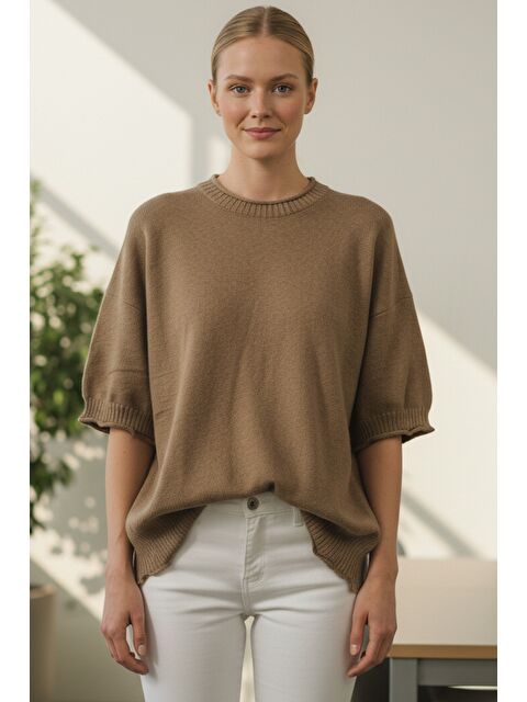 Chiccy İtalyan Sütlü Kahverengi Bisiklet Yaka Kısa Kol Akrilik Geniş Kesim Oversize Triko Kazak 73 65 - S000486456-4280