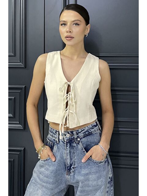 Gülseli Kadın Ön Bağlamalı Astarlı Keten Yelek - S000399342-25636