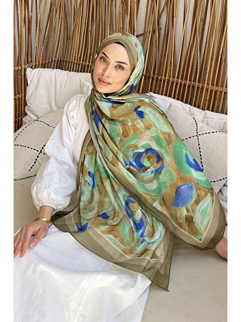 Lamelif Çiçek Desen Pamuk Şal Asker Yeşili - S000529597-18194