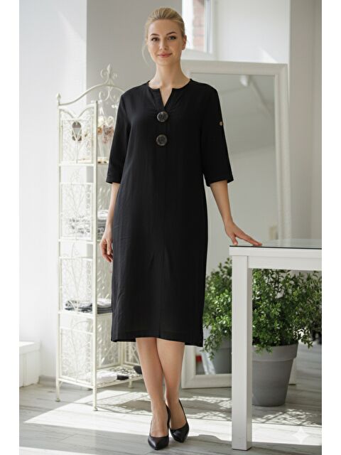 Chiccy İtalyan Siyah Düğmeli 3/4 Kol Gizli Cepli Yırtmaçlı İnce Fitilli Kadife Uzun Dokuma Elbise 120 55 - S000486554-19351