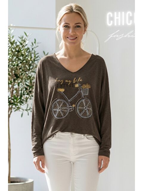 Chiccy İtalyan Kahverengi V Yaka Uzun Kol Baskılı Casual Akrilik Oversize Triko Bluz 68 70 - S000486558-19413