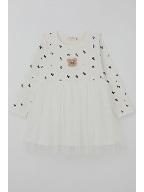 Breeze Kız Çocuk Uzun Kollu Elibise Fiyonk Desenli Aplike Arma Detaylı Ekru (2-6 Yaş)