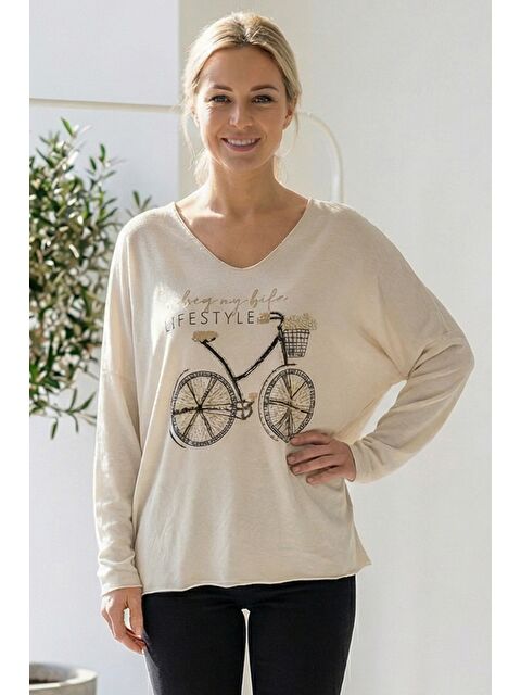 Chiccy İtalyan Krem Rengi V Yaka Uzun Kol Baskılı Casual Akrilik Oversize Triko Bluz 68 70 - S000486558-19966