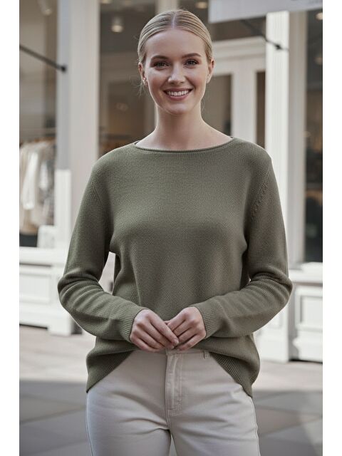 Chiccy Haki Kayık Yaka Uzun Kol Selanik Örgü Casual Oversize Triko Kazak 66 68 - S000486561-18547