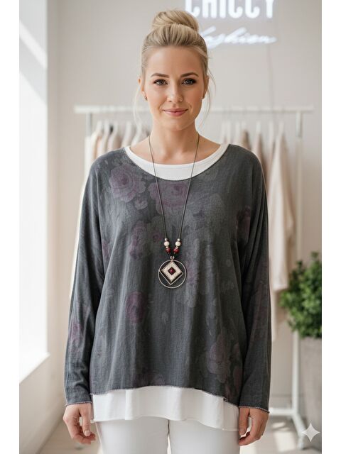 Chiccy İtalyan Antrasit Havuz Yaka Uzun Kol Desenli İnce İkili Set İçi Kolsuz Penye Triko Bluz 70 60 - S000486564-29666