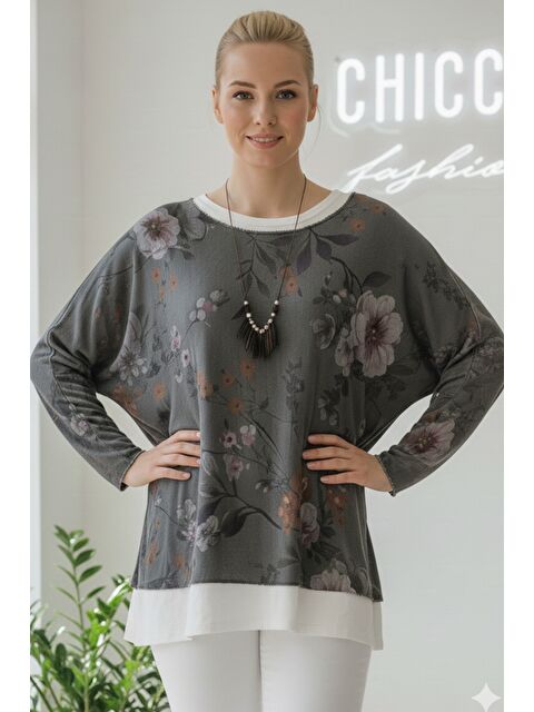 Chiccy İtalyan Antrasit Havuz Yaka Uzun Kol Desenli İnce İkili Set İçi Kolsuz Penye Triko Bluz 70 60 - S000486565-29666