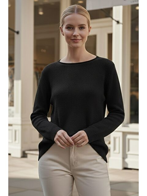 Chiccy Siyah Kayık Yaka Uzun Kol Selanik Örgü Casual Oversize Triko Kazak 66 68 - S000486561-19351