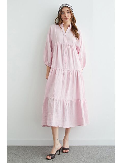 Fullamoda Fullamodest Yarım Düğmeli Hakim Yaka Müslin Elbise - S000503852-20024