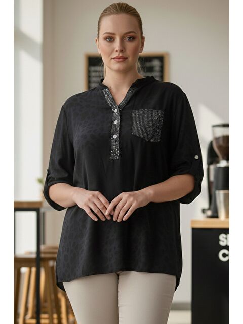 Chiccy İtalyan Büyük Beden Siyah Hakim Yaka Düğmeli Uzun Kollu Pullu Cepli Casual Dokuma Bluz 72 65 - S000486568-19351