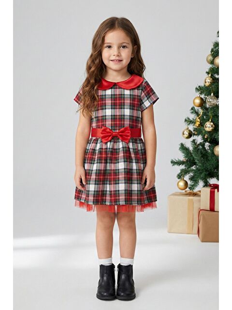ZUZUNGA Kız Çocuk Ekose Desenli Fiyonklu Tüllü ( 2-6 ) Yaş Elbise - S000528004-19965