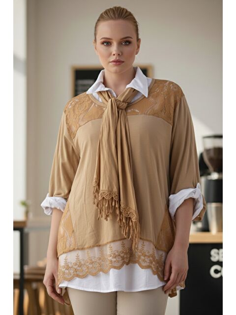 Chiccy İtalyan Büyük Beden Sütlü Kahve Üçlü Set Gömlek ve Fularlı Dantel Casual Triko Bluz 68 65 - S000486570-4280
