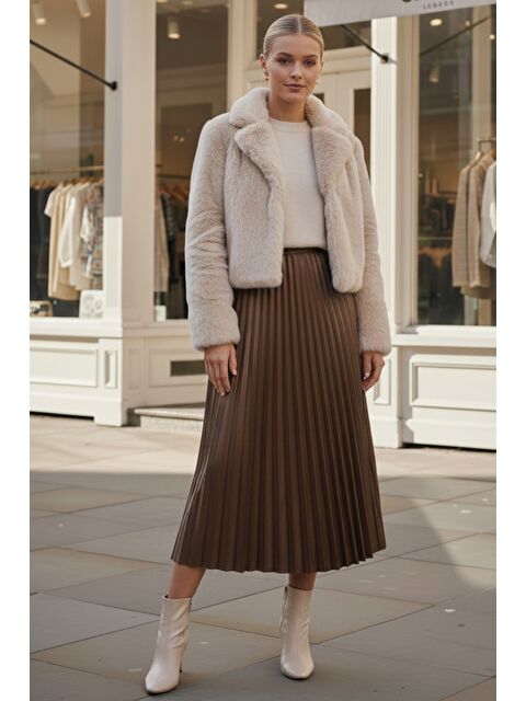 Chiccy Camel Eteği Pliseli Lastikli Bel Casual Suni Deri Uzun Dokuma Etek 95 60 - S000486571-4557