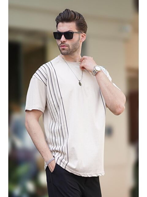 Madmext Bej Bisiklet Yaka Pamuklu Gri Renk Detaylı Overfit %100 Pamuk Tişört 7038 - S000219809-19928