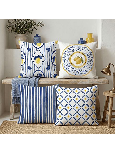 Evmila Akdeniz Serisi Limon Temalı 4'lü Dekoratif Kadife Kırlent Kılıfı