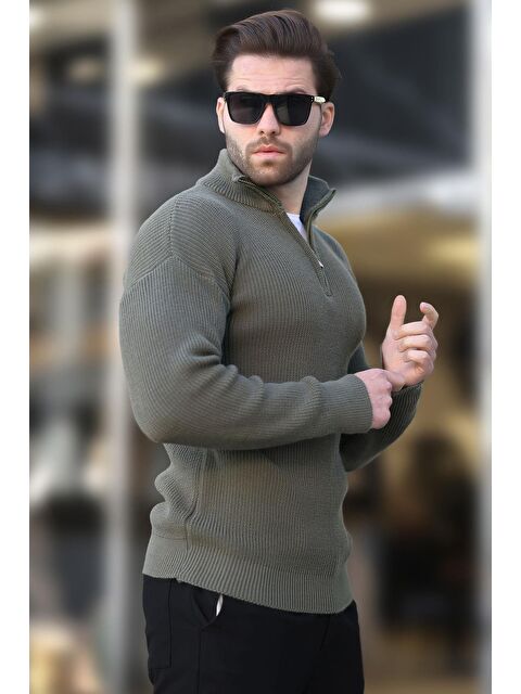 Madmext Haki Fermuar Yaka Triko Erkek Kazak E7295 - S000324327-18547