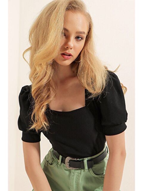 Comstar Kadın Örme Kısa Kollu Kare Yaka Basic Siyah Bluz