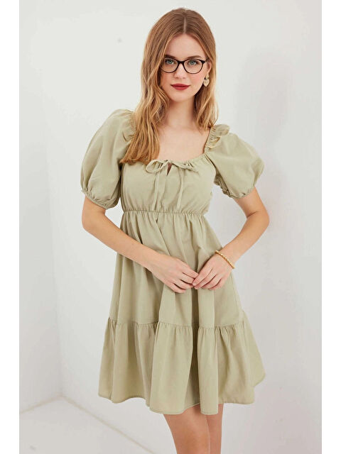 Hazelin Kadın Çağla Yeşil Büzgülü Yaka Lastikli Bel Kloş Poplin Elbise HZL22S-BD123511 - S000045013-19981