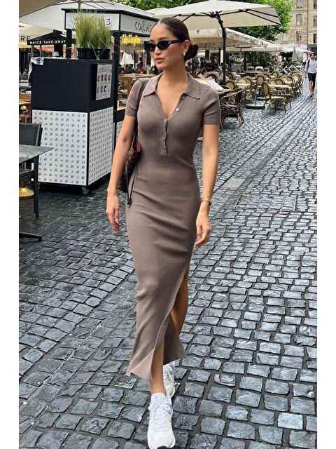 Madmext Vizon Yandan Yırtmaçlı Polo Yaka Kadın Triko Elbise Mg1480 - S000440014-26429