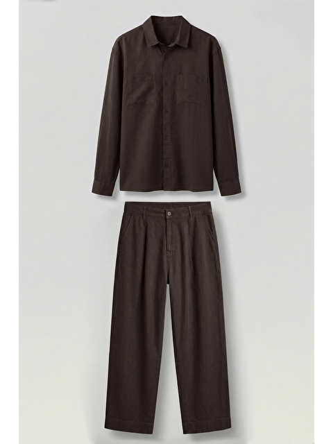 Abluka Online Erkek Bol Kesim Gömlek Pantolon Keten İkili Takım Kahverengi - S000513510-19413