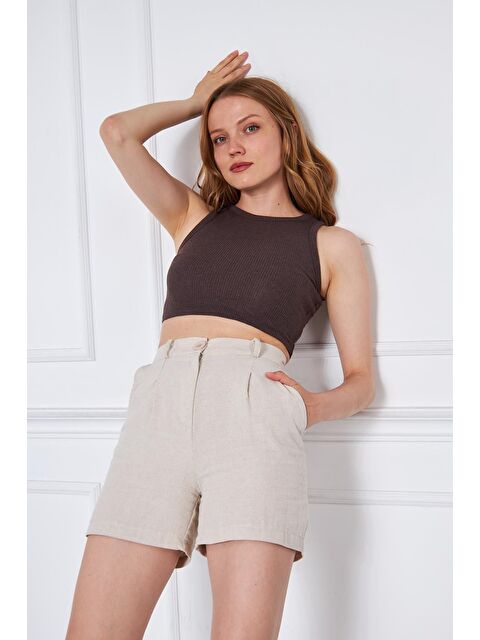Comstar Kadın Crop Top Kahve Basic Bluz