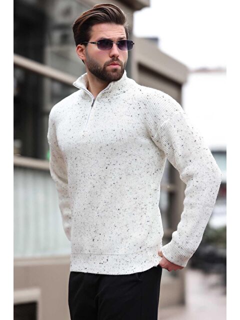 Madmext Ekru Fermuar Yaka Triko Erkek Kazak E7295 - S000324327-19965