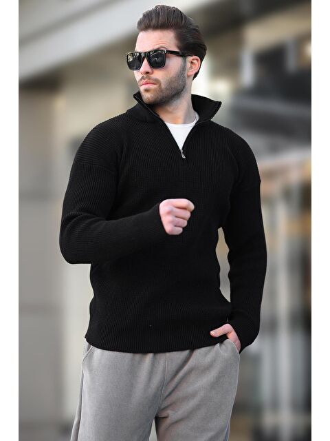 Madmext Siyah Fermuar Yaka Triko Erkek Kazak E7295 - S000324327-19351
