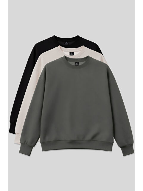 Tommylife Basic Oversıze O Yaka 3lü Paket Siyah-Haki- Bej Kadın Sweatshirt - 97053 - S000498309-4304
