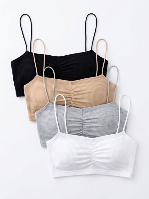 Trendseninle Kadın Büzgülü İp Askılı 4'lü Set Süper Crop Bluz Siyah Vizon Gri Beyaz