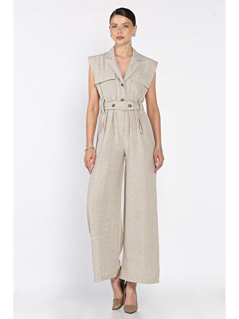 Gülseli Bel Lastikli Kemerli Keten Tulum - S000399350-26429