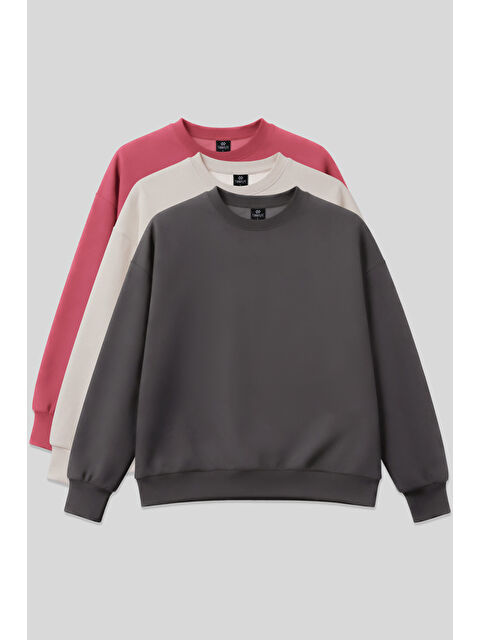 Tommylife Basic Oversıze O Yaka 3lü Paket Koyu Gri-Bej- Yaban Gülü Kadın Sweatshirt - 97053 - S000498309-37275
