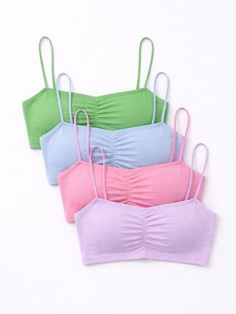 Trendseninle Kadın Büzgülü İp Askılı 4'lü Set Süper Crop Bluz Yeşil BebeMavi Pembe Lila