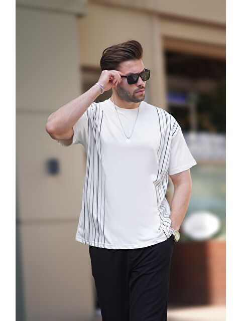 Madmext Ekru Bisiklet Yaka Pamuklu Gri Renk Detaylı Overfit %100 Pamuk Tişört 7038 - S000219809-19965