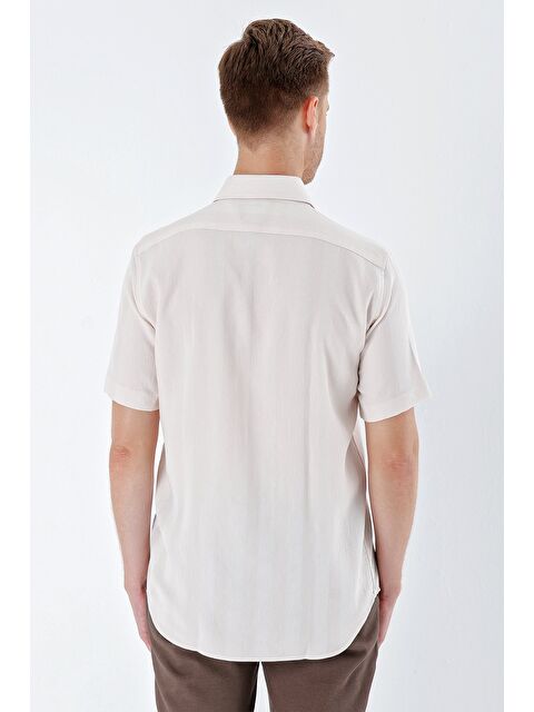 İMZA Bej Kısa Kollu Desenli Armürlü Sert Yaka Cepsiz Klasik Comfort Fit Gömlek 1004230204 - S000348199-19928