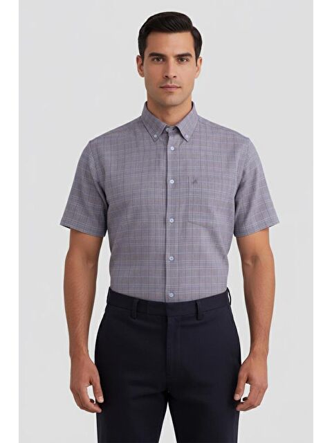 Sabri Özel Erkek Kahve Kısa Kollu Ekose Desenli Pamuk Gömlek – Düğmeli Yaka, Regular Fit - S000525010-19413