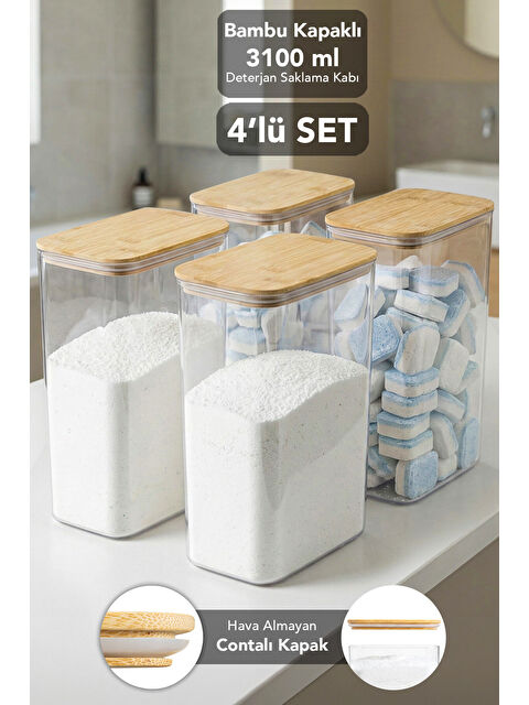 Meleni Home 4 Adet Bambu Kapak Aura Deterjan Saklama Kutusu 3,1 l