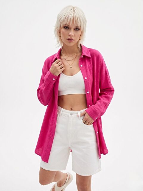 Trendseninle Kadın Fuşya Oversize Krinkıl Kumaş Gömlek