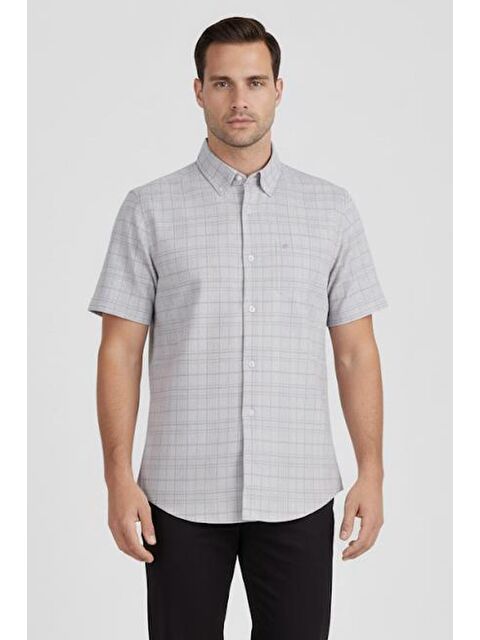 Sabri Özel Erkek Bej Kısa Kollu Ekose Desenli Pamuk Gömlek – Düğmeli Yaka - S000525016-19928