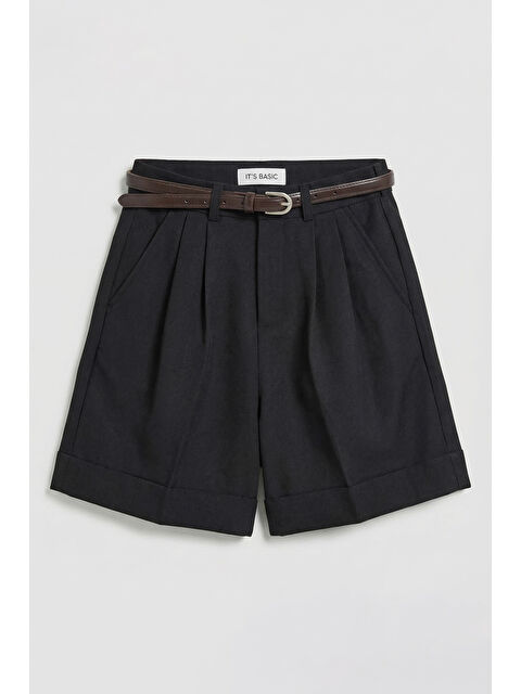 It's Basic Kadın Siyah w5 Kemerli Pileli Organik Pamuk Kumaş Midi Boy Şort