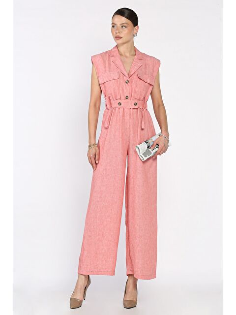 Gülseli Bel Lastikli Kemerli Keten Tulum - S000399350-20028