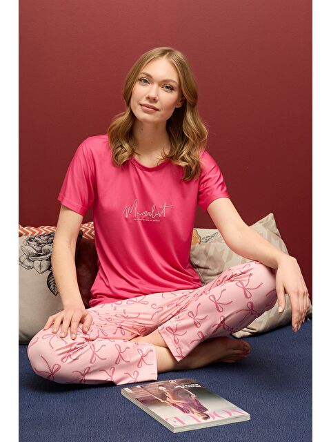 Fullamoda Çizgili Kalpli Bisiklet Yaka Pijama Takımı