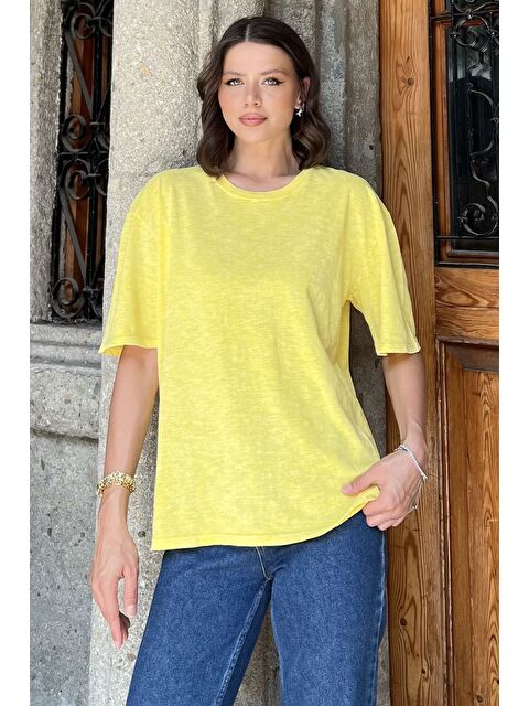 Gülseli Kadın Bisiklet Yaka Oversize Tişört - S000399358-20072