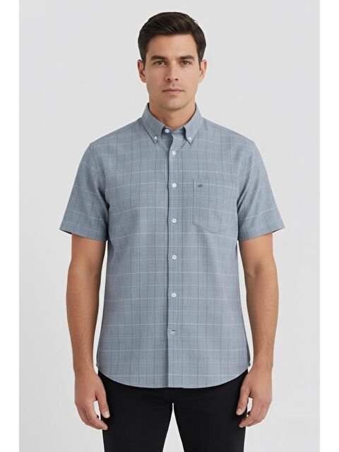 Sabri Özel Erkek Haki Kısa Kollu Ekose Desenli Pamuk Gömlek – Düğmeli Yaka, Regular Fit - S000525030-18547