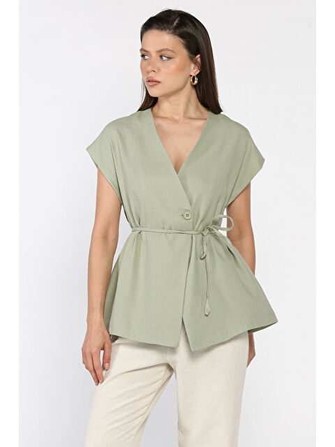 Gülseli Kadın Astarlı Keten Yelek - S000399314-18547