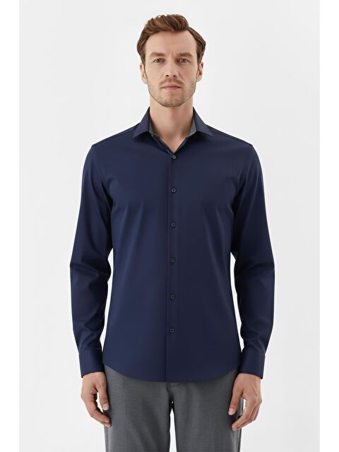 Sabri Özel Erkek Lacivert Düz Örme Klasik Yaka Slim Fit Gömlek - S000525033-21164