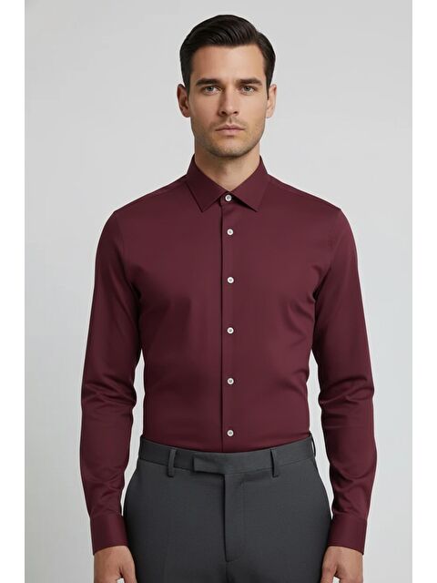 Sabri Özel Giotelli Bordo Slim Fit %100 Pamuk Düğmeli Yaka Erkek Gömlek - S000525036-19951