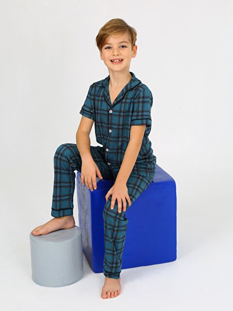 Vitmo Erkek Çocuk Kısa Kollu %100 Pamuklu Düğmeli Pijama Takımı Nova Petrol - S000332883-20019