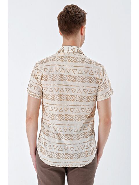 İMZA Bej Kısa Kollu Baskılı Apaş Yaka Cepsiz %100 Pamuk Casual Comfort Fit Gömlek 1004230160 - S000348165-19928